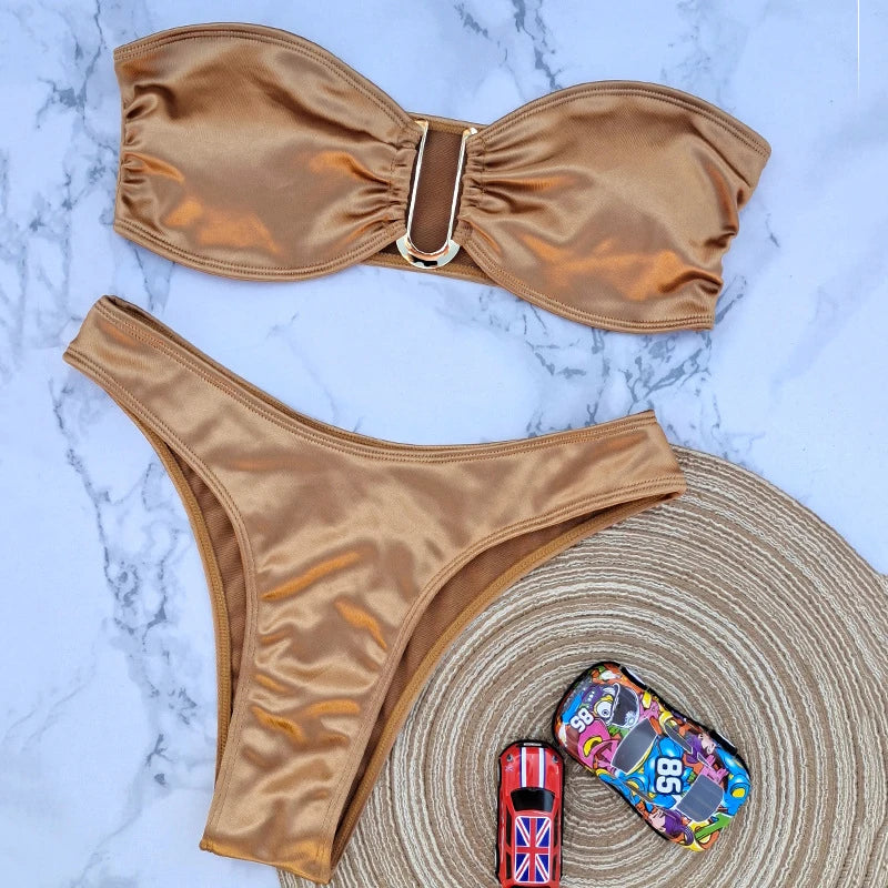 Sexy U Shaped Stapless Swimsuit for Women Bandeau Bikini Mujer 2024 High Cut Bathing Suit Two Piece Bikinis Set Bathers Swim