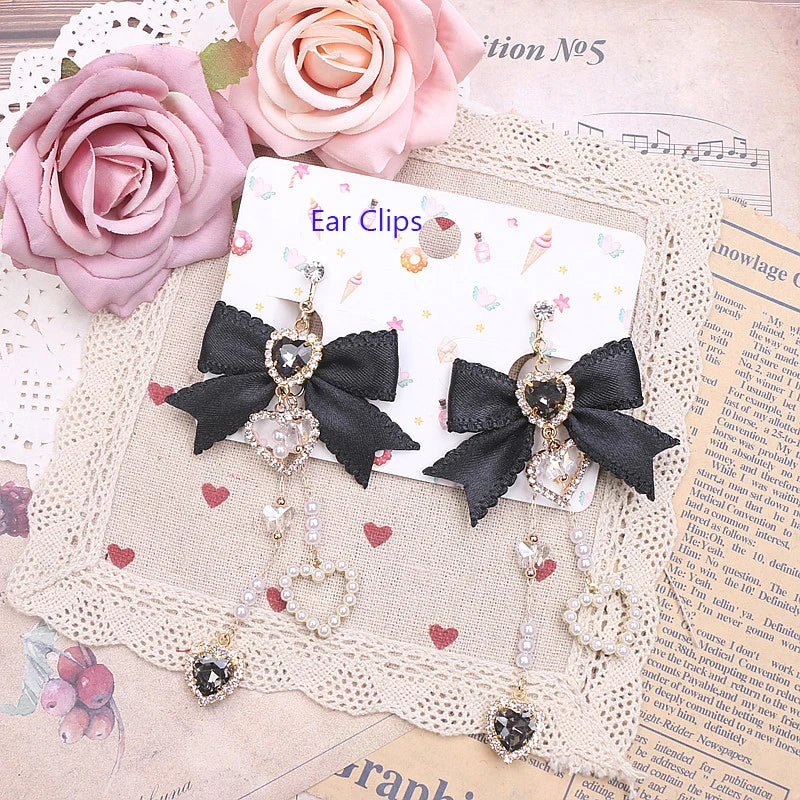 Cute Sweet Women's Bow Rhinestone Ear Clips Love Pendant Ornament Long Style Earrings S925 Needles Pearl Earrings for Y2K Girl