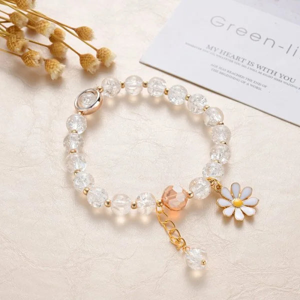 Cute Green Crystal Bead Bracelet for Women Trendy Lily Valley Flower Charm Elastic Adjustable Bracelet Wedding Birthday Jewelry