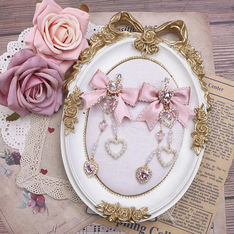 Cute Sweet Women's Bow Rhinestone Ear Clips Love Pendant Ornament Long Style Earrings S925 Needles Pearl Earrings for Y2K Girl