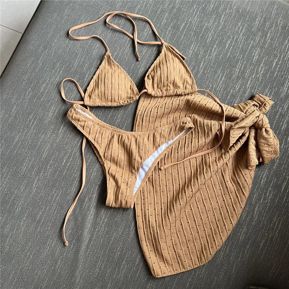 White Swimwear with Cover Up Halter Micro Thong 3 Piece Bikini Set Women Textured Swimsuit String Bathing Suit Bikinis Beachwear