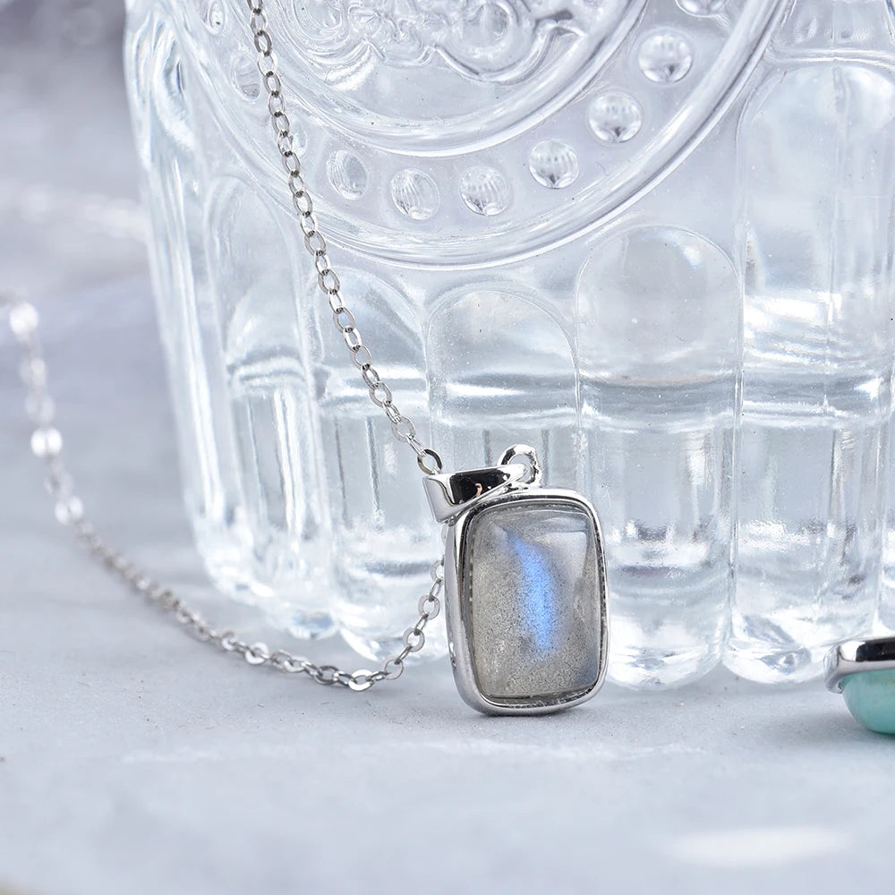 ITSMOS Natural Rainbow Moonstone Sterling Silver/Copper Pendant Necklace rectangle Energy Stone Jewelry for Women Girl Gift