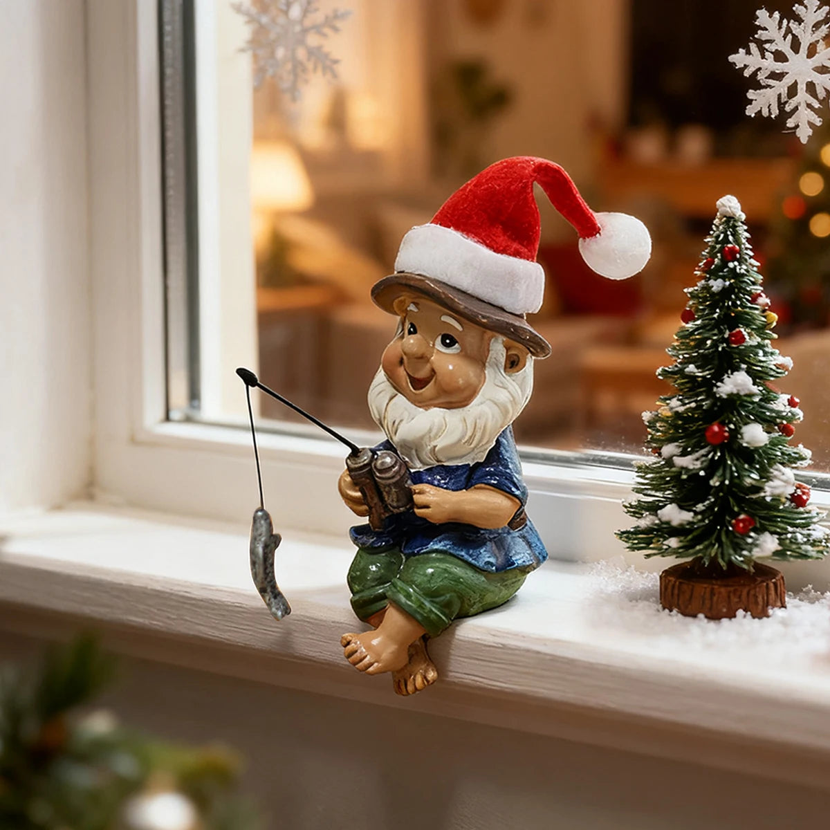 1 Christmas fishing dwarf, creative Christmas home decoration, fun Christmas hat dwarf, Christmas gift, resin crafts