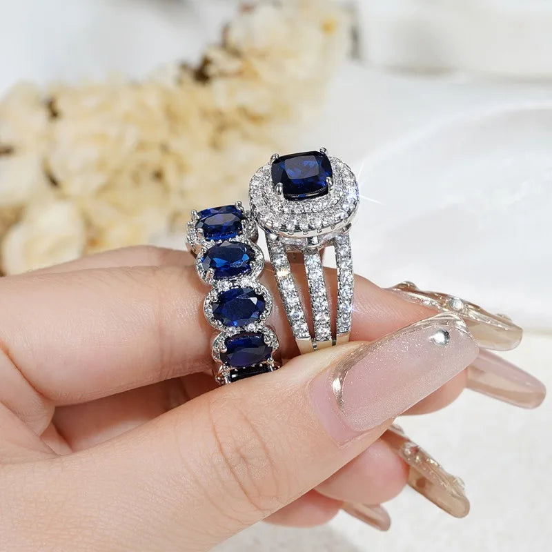 2pcs Luxury Jewelry Trendy Set Rings for Women Dark Blue Pink Cubic Zirconia Rings Gorgeous Wedding Accessories Eternity Jewelry