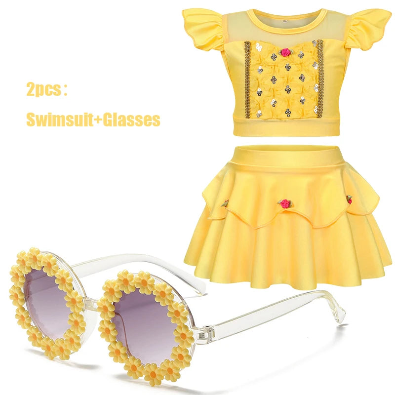 2025 Girls Two Piece Swimsuit Anna Elsa Belle Swimwear Princess Bodysuit Swimwear for Girls Childrens Bikini Beachwear Clothes