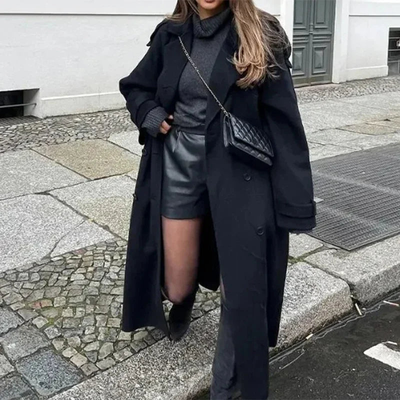 Elegant Woolen Long Coats Women Double-breasted Turn-down Collar Full Sleeves Jackets 2025 Autumn Winter Fashion Outwears Lady