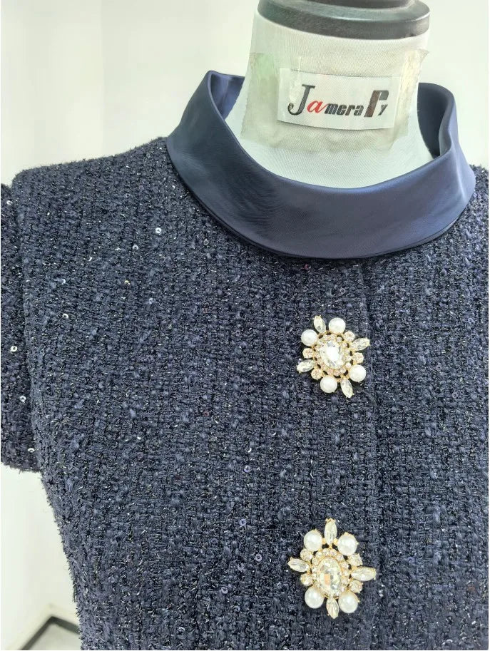 Maxi Formal Luxury Evening Dresses Women Summer Autumn Single Breasted Crystal Satin Tweed Long Dress Blue Party Dinner Vestidos