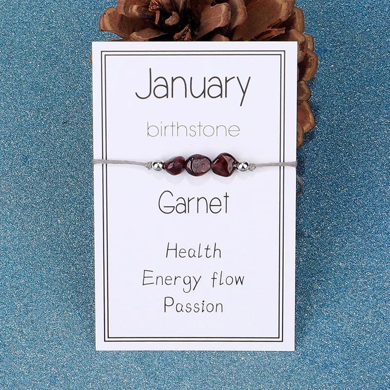 12 Months Natural Stone Birthstone Bracelet for Women Men Crystal Handmade Braid Adjustable Rope Birthday Sign Jewelry Gift