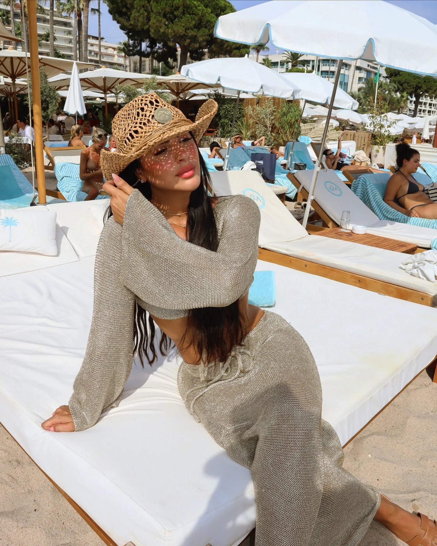 Solid Colour Sexy Beachwear Swimsuit Cover Up Knit Two-piece 2025 Summer Women's Big Bell Sleeve Lace-up Top Long Skirt Set K128