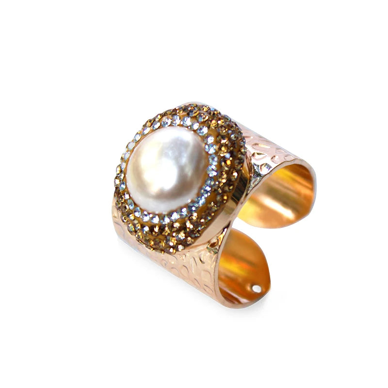 Micro Inlay Full Rhinestone Gold Plated Pearl Bride Engagement Wedding Open Ring Resizable