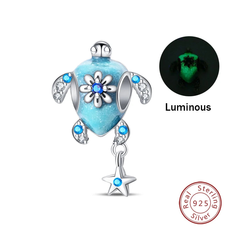 New 100% 925 Sterling Silver Ocean Luminous Sea Turtle Dolphin Octopus Charms Beads Fit Qikaola Original Bracelets DIY Jewelry