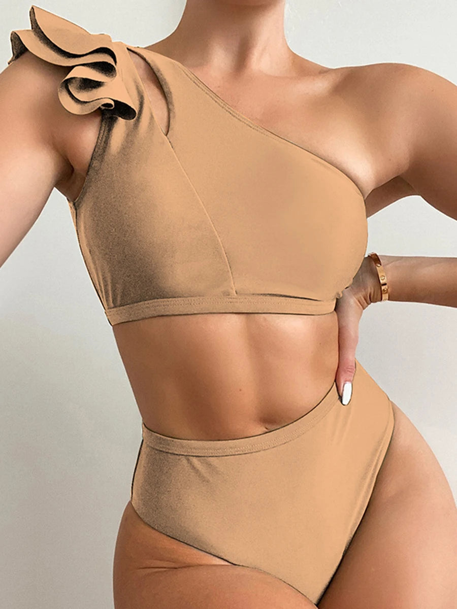 One Shoulder Bikinis 2025 Women Ruffle Swimsuit Solid High Waist Swimwear Female Padded Bathers Bathing Swimming Suit Beachwear