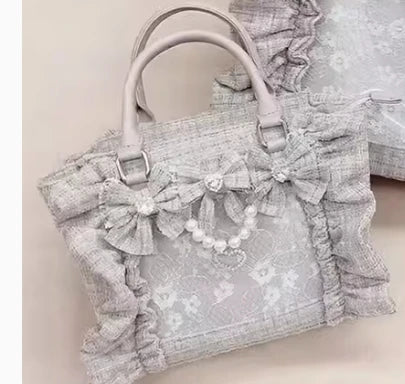Japanese Style Mine Ita Bag Ruffled Lace Women Girls Rhienstone Pearl Bowknot Square Tote Shoulder Portable Bolso Handbags