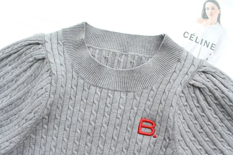 Japanese New Spring Ladies Sweet Bubble Short Sleeve Twist Knitted Top Sweater Letter Embroidered Pure Color Women's T-shirt