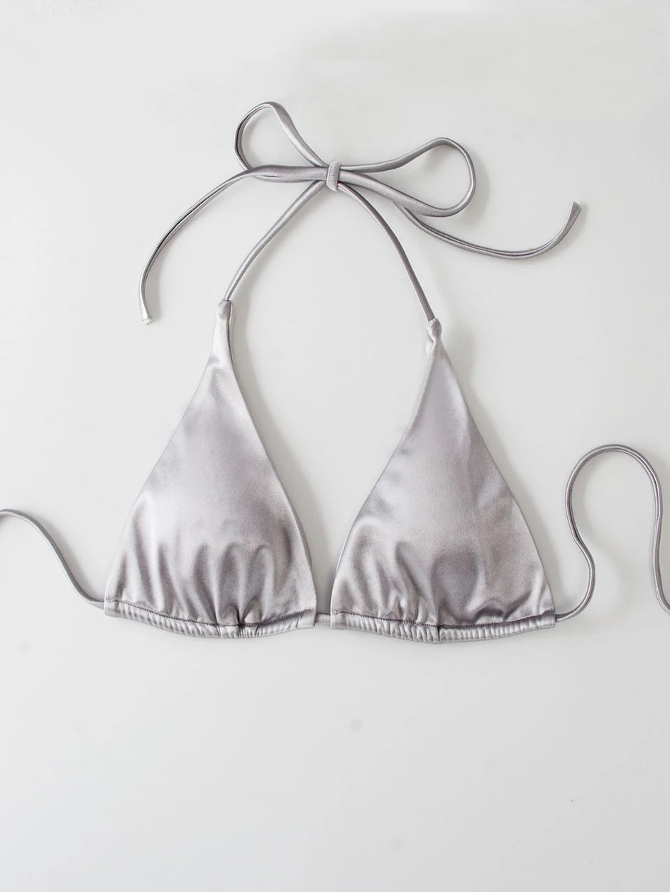 Metallic Halter Triangle Bikini 2023 Swimsuit Women Swimwear Female Bathing Suits Brazilian Thong Micro Bikinis Set Beach Wear