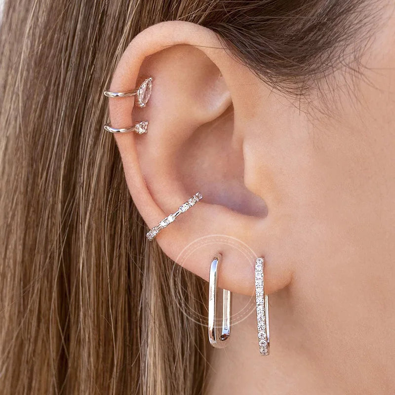 New Design Stainless Steel Cubic Zirconia Chain Hoop Earring For Women Square Water Drop Punk Cartilage Earring Piercing Jewelry
