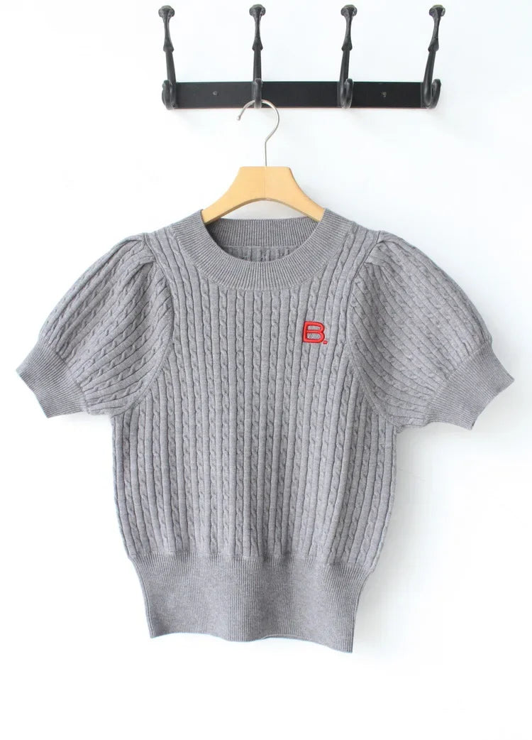 Japanese New Spring Ladies Sweet Bubble Short Sleeve Twist Knitted Top Sweater Letter Embroidered Pure Color Women's T-shirt