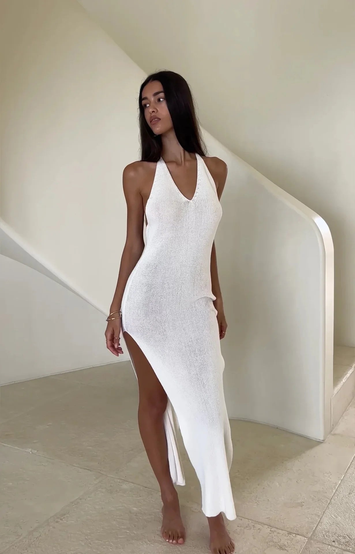 2024 Kintted Cover Up Beach Sexy See Through Maxi Slit Bodycon Backless Summer Dress Bikinis Cover-ups Elegant Halter Beachdress