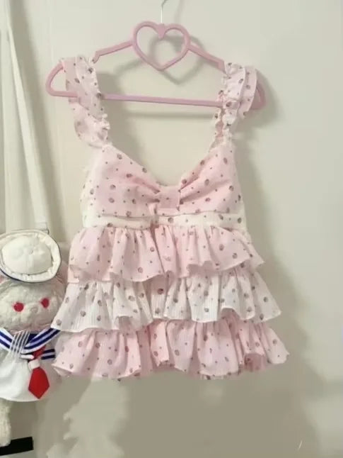 Strawberry Print Cute Dress Women Contrast Patchwork Y2k Aesthetic Dresses Vintage Sleeveless Kawaii Girl JK Ruffled Vestidos
