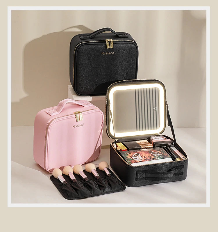 Makeup Travel Train Case with LED Lighted Mirror, 3 Color Adjust Settings, Travel Makeup Bag With Adjustable Dividers,