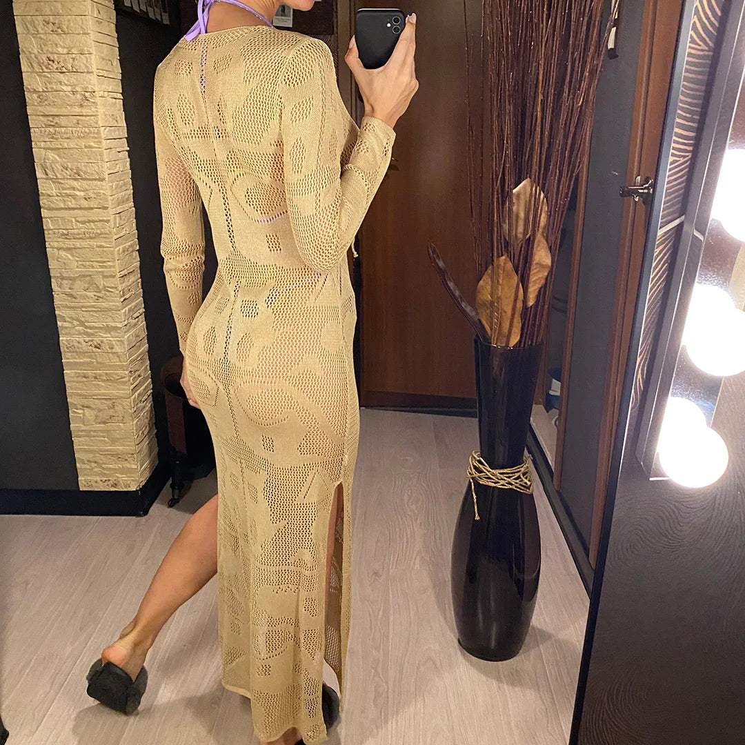 Deep V Dress Lace Up Long Sleeve Women Split Maxi Dress Crochet Knitted Tunic Mesh Sheer Sexy Bodycon Long Dress Vestido V4146B