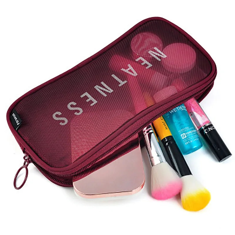 Transparent Mesh Makeup Bag Women Travel Toiletry Wash Cosmetic Bag Storage Case Letter Printed Zipper Make Up Bags 3 Size