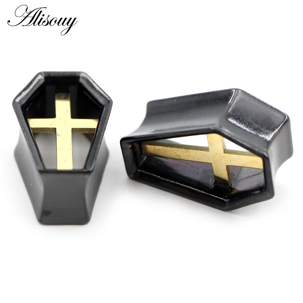Alisouy 1PC Punk Alloy Casting Coffin Hexagon Cross Ear Tunnels Plugs Expander Stretcher Gauges Earrings Piercing Body Jewelry