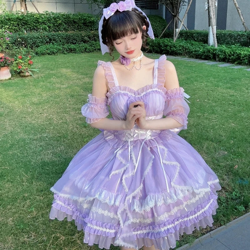 Lolita Sweet Girl Princess Dress Spring and Summer Off Shoulder Women's Short Sleeve Slim OP/JSK Short Ball Gown Dress