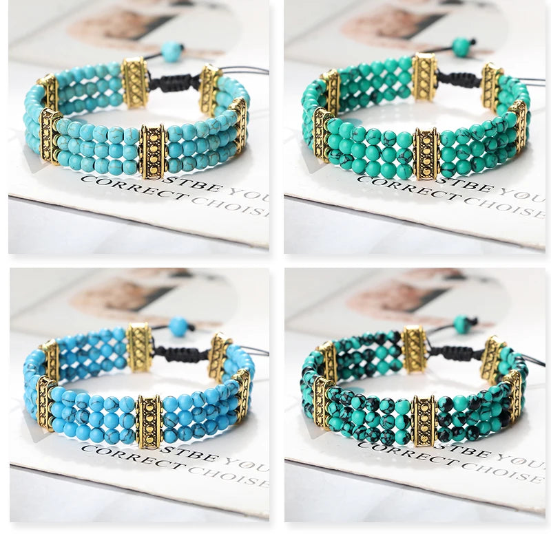 Natural Stone Beads Bracelet 4mm Malachite Black Lava Yoga Energy Hot Couple For Women Men Jewelry Braided Rope Knot Bangle Gift