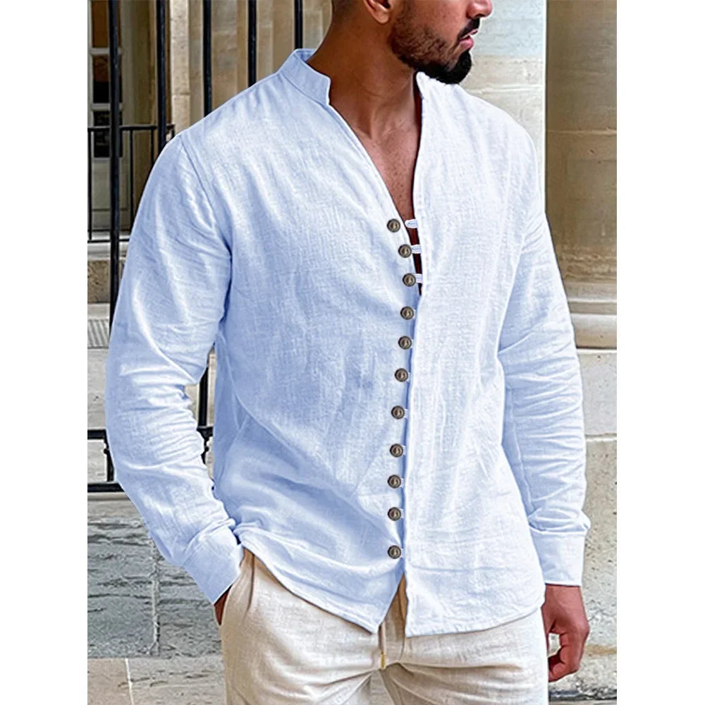 Men's Multi-buttons Shirts Cotton Linen Hawaiian Beach Shirt Long Sleeves Stand Collar Lightweight Breathable Men's Shirt