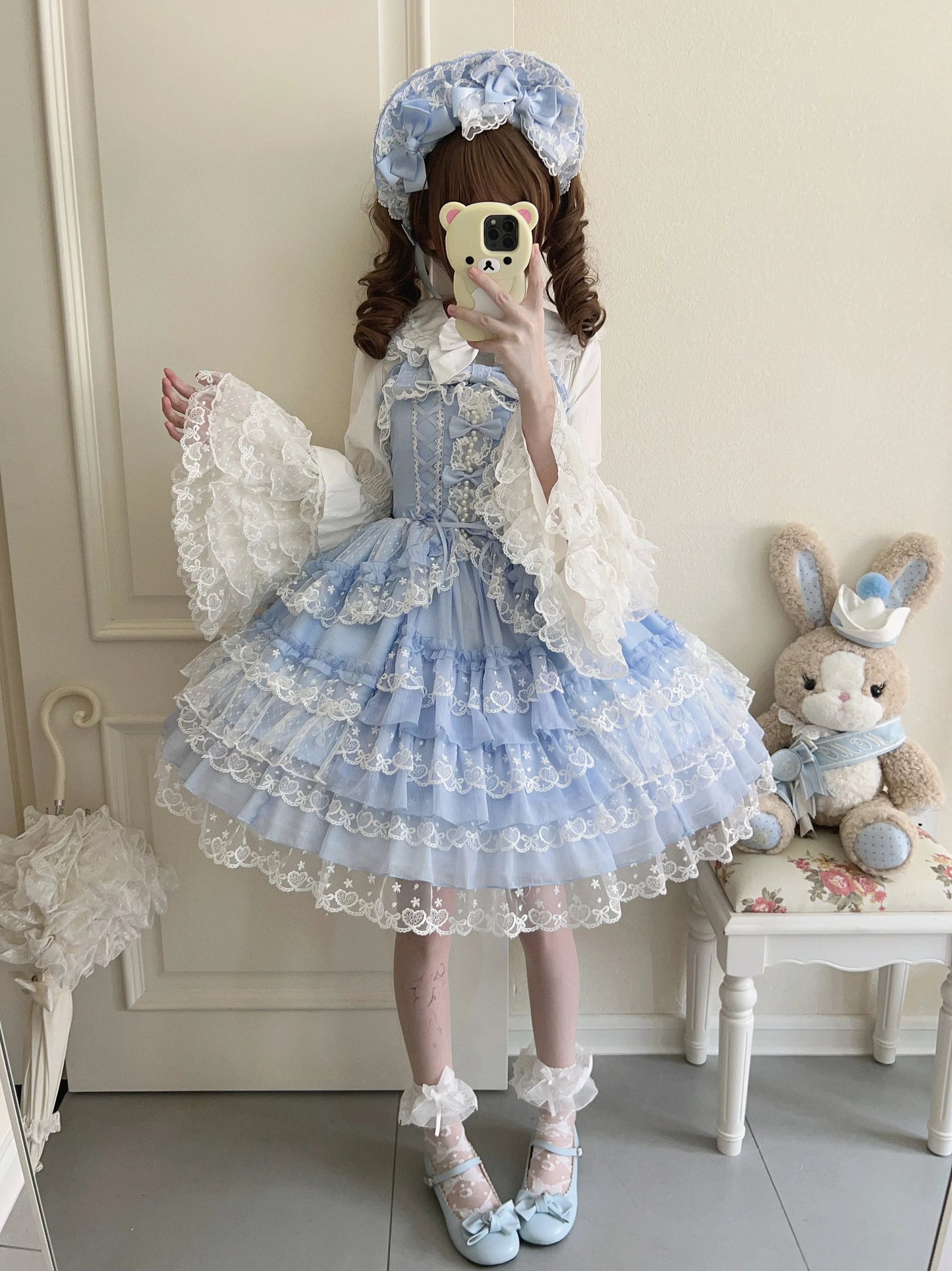 Original Design Lolita Jsk Suspender Dress Sweet Girl Women's Long Sleeve Inner Shirt Cute Princess Sling Cake Dress with Cape
