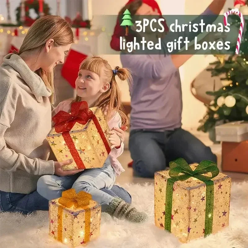 3PCS Set Christmas Gift Box Christmas Decor Luminous Bow Holiday Lighted Up Christmas Tree Holiday Party Indoor Outdoor Decor