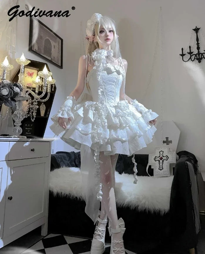 Original Lolita Dress New Christmas New Year Goth Red Fish Bone Jsk Dress Halloween Cosplay Dark Blue Slim Sling Short Dresses