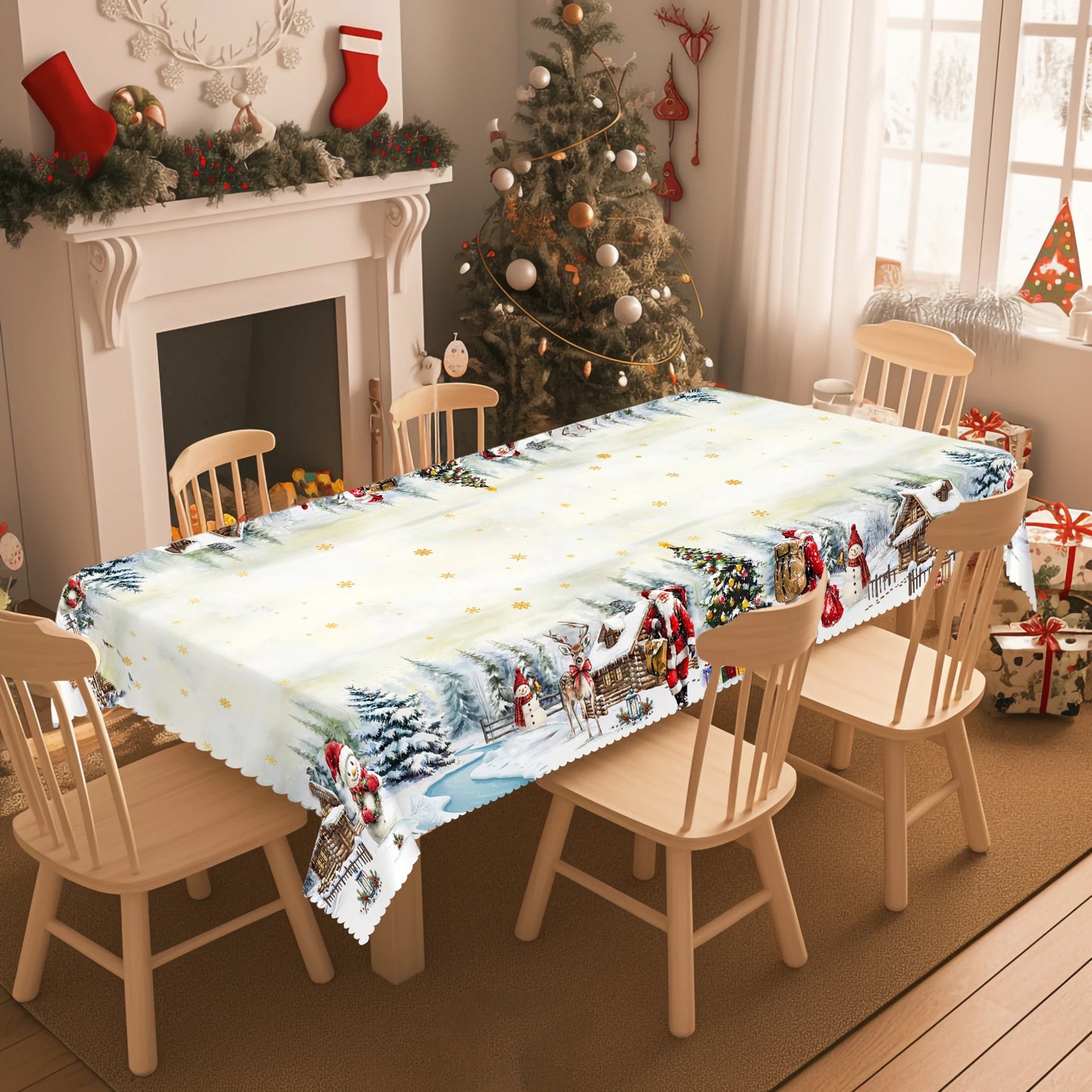 1 Piece of Christmas Round and Rectangular Tablecloths, Available in Various Sizes, Snow Christmas Gift Pattern Party Decoration Tablecloths, Christmas Party Garden Tablecloths for Christmas Home Kitchen, Restaurant Terrace I
