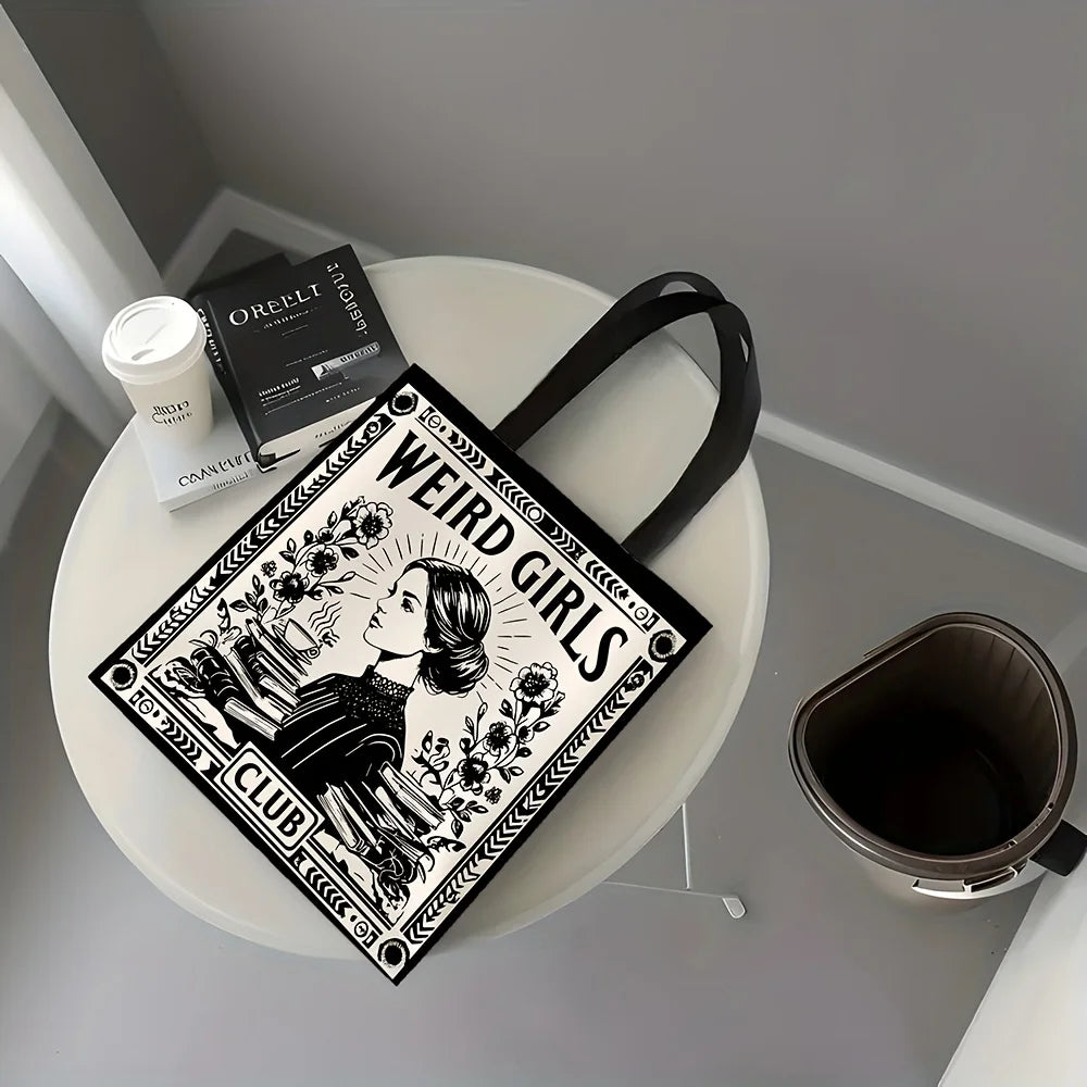 1pc Weird Girls Club Tote Bag Stylish Black & White Floral Design Daily Casual Use Shoulder Bag Christmas Gift for Best Friends