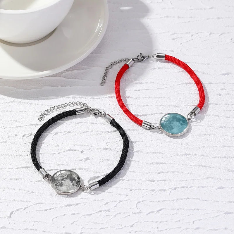 2 PCS/Set Stainless Steel Couples Bracelet For Women Lover Luminous Sun Moon Rope Charm Friendship Girlfriend Party Jewelry Gift