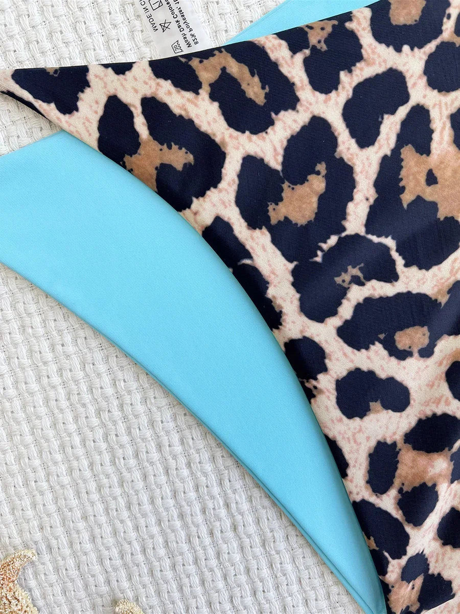 Halter Splicing Leopard Bikinis 2025 Satin Bikini Female Swimsuit Women Swimwear Two-pieces Bikini Set Micro Bathing Suit Swim