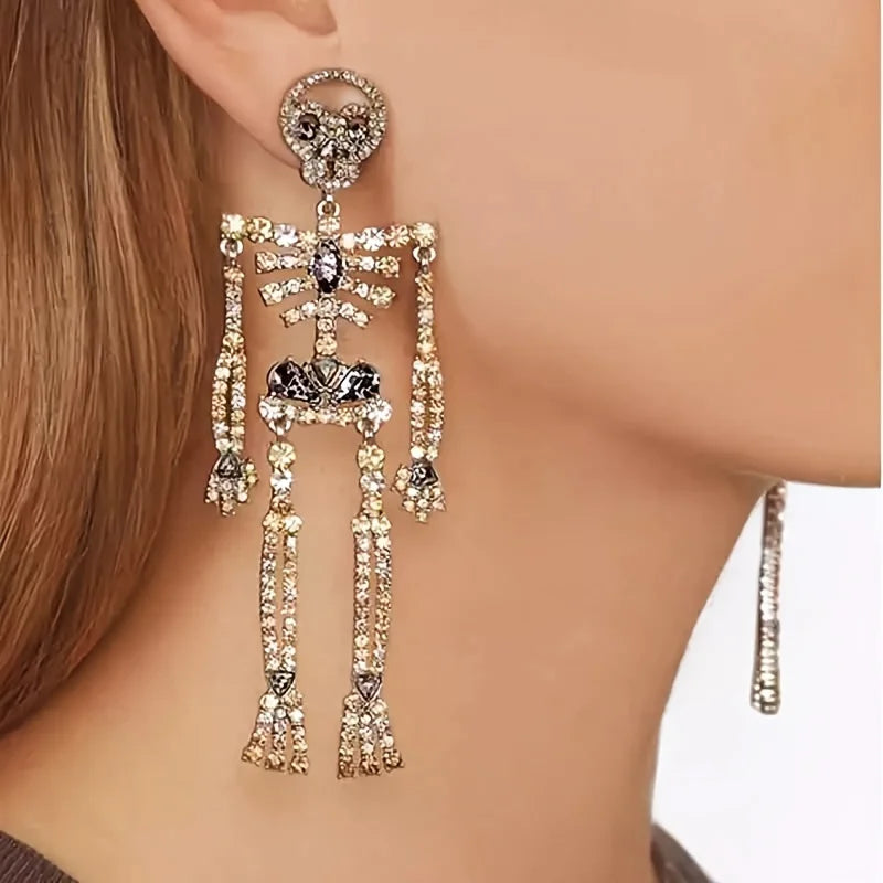 Women's Gothic Gorgeous Rhinestone Skeleton Dangling Earrings Halloween Retro Long Earrings Fashion Gift for Holidays