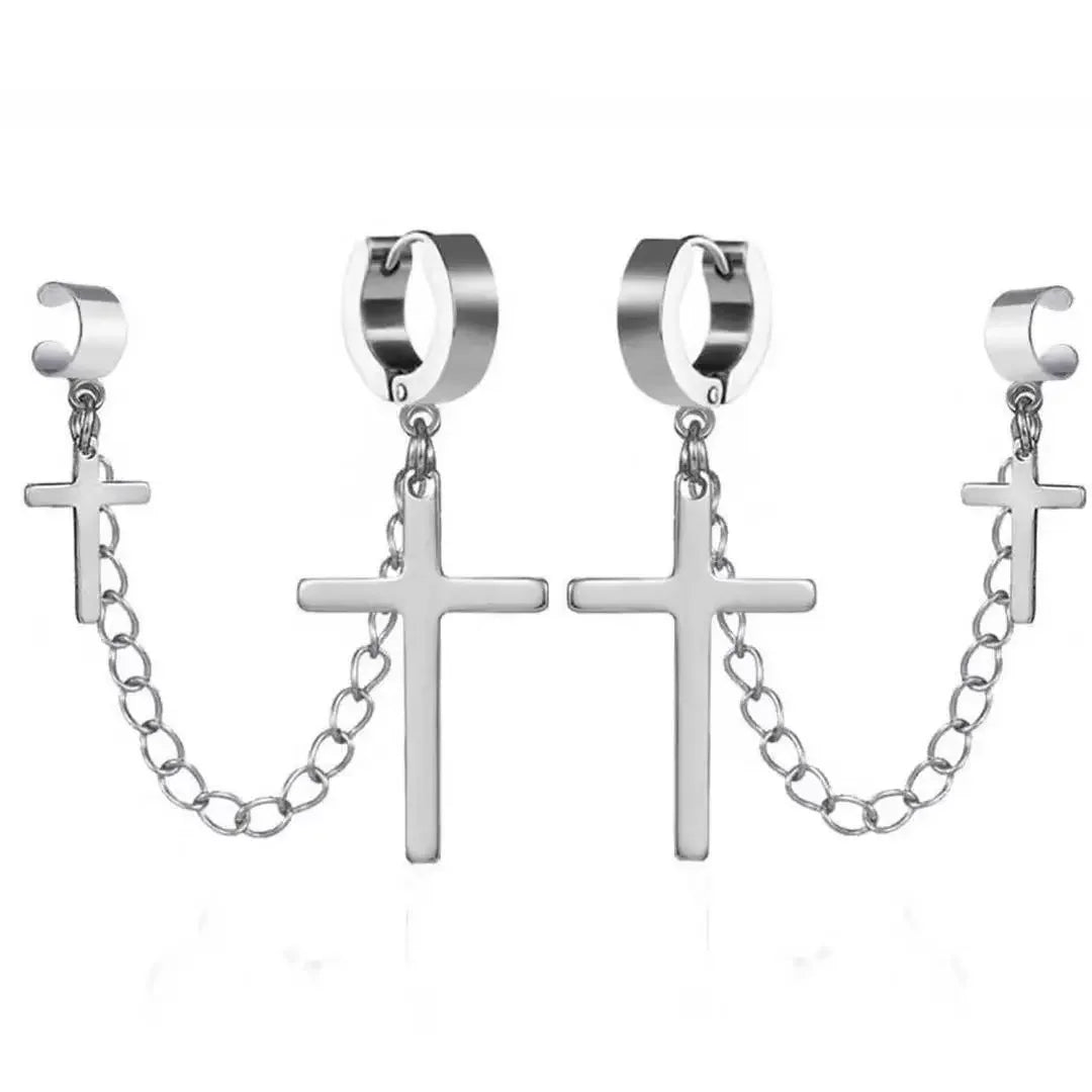 New Trendy Punk Zircon Crystal Cross Earring for Women Men Goth Hip Hop Piercing Black Hoop Earrings Fashion Party Jewelry Gifts