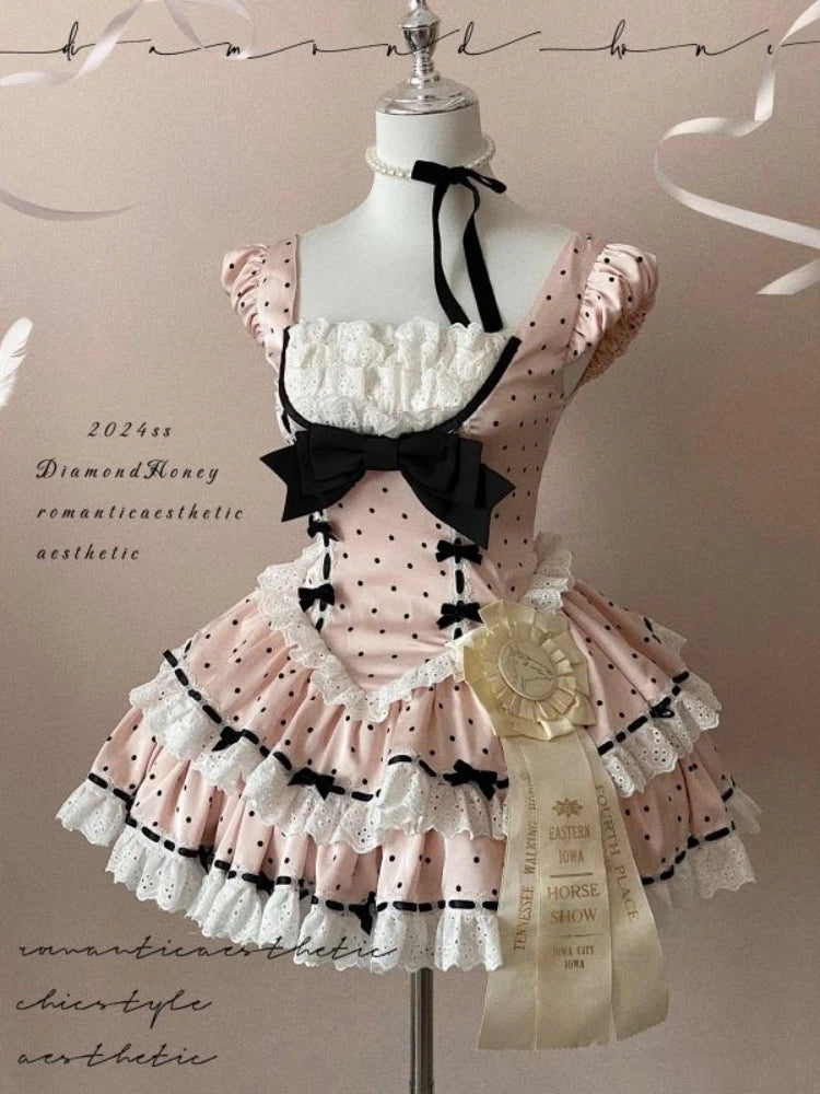 Spring Japanese Sweet Birthday Party Dress Women Y2k Cute Polka Dot Design Bodycon Dress Female Bow Korea Style Chic Clothing