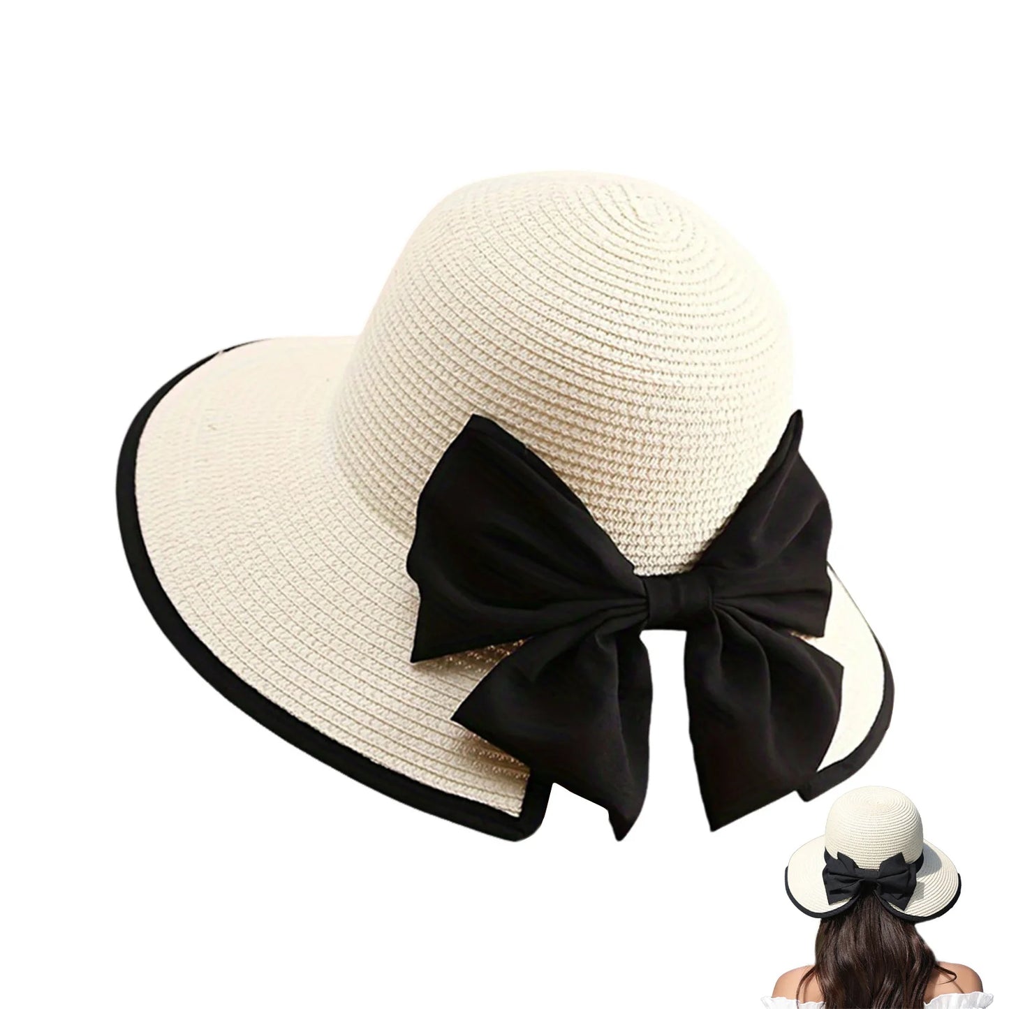 Women's Wide Brim Straw Hat with Bowknot Summer Straw Sun Hat Beach Vacation Sun Protection Hats for Outdoor Travel Photography