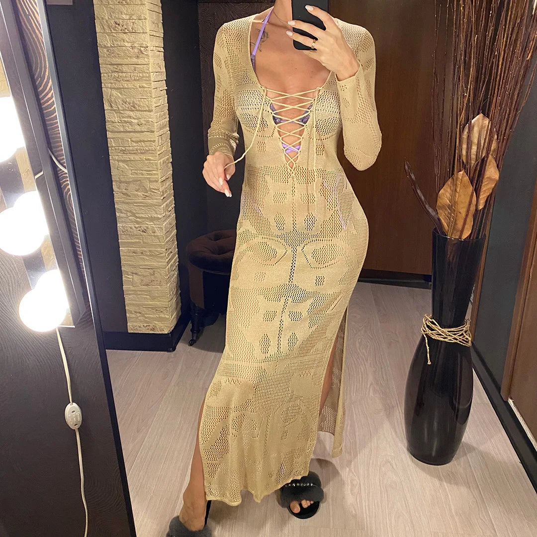 Deep V Dress Lace Up Long Sleeve Women Split Maxi Dress Crochet Knitted Tunic Mesh Sheer Sexy Bodycon Long Dress Vestido V4146B