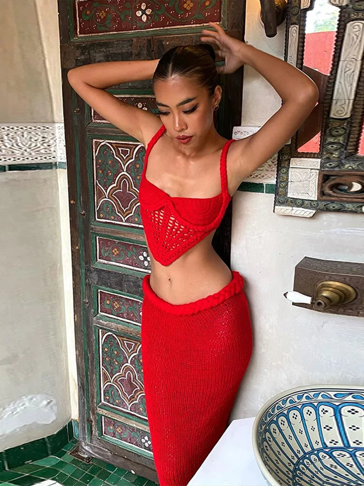 BKQU Crochet Knit Skirts Set Women Sexy Hollow Out Lace Up Crop Tops Hip Package Split Long Skirt Elegant 2 Pieces Beach Outfits