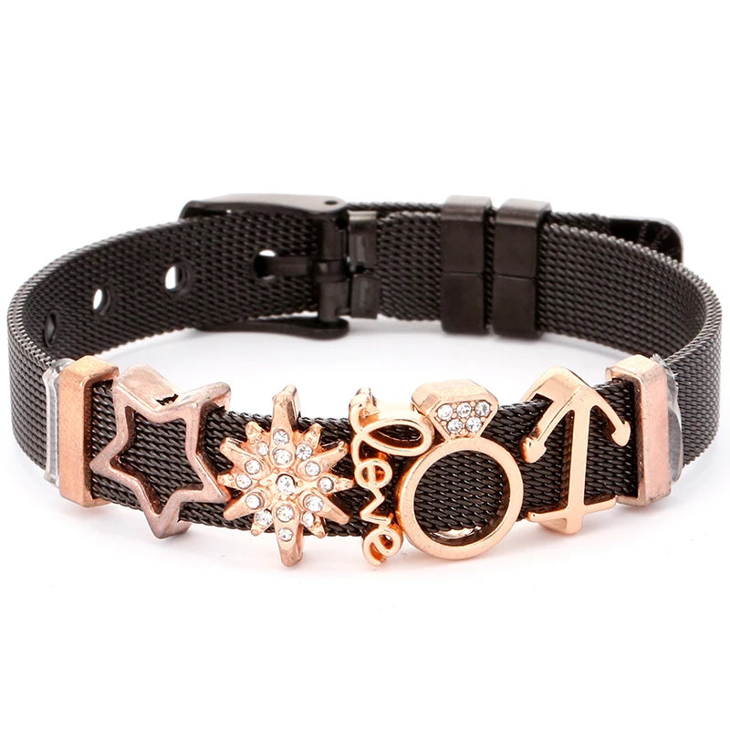 Silver Color Stainless Steel Mesh Bracelets For Women Crystal Santa Claus Beads Charm Watch Belt BraceletsBangles Christmas Gift