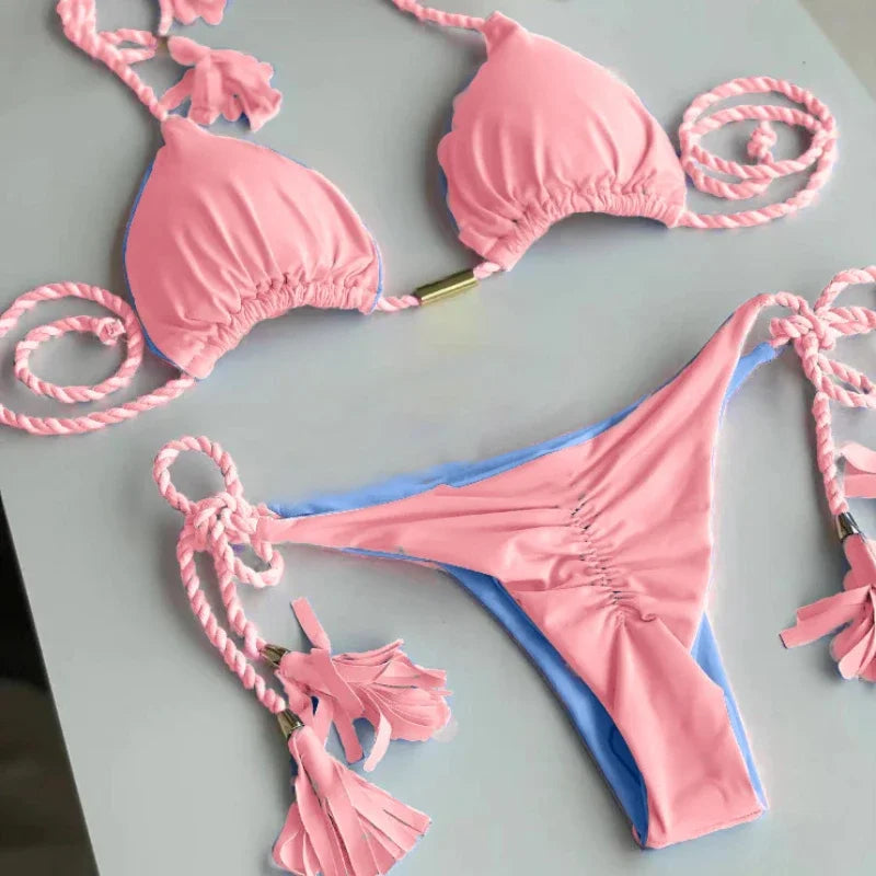 Swimsuit Women Bikinis Set Sexy Drawstring Bikini Beachwear Leopard Two-pieces Swimwear Bathing Suit Lace Up Bikini Set Biquinis