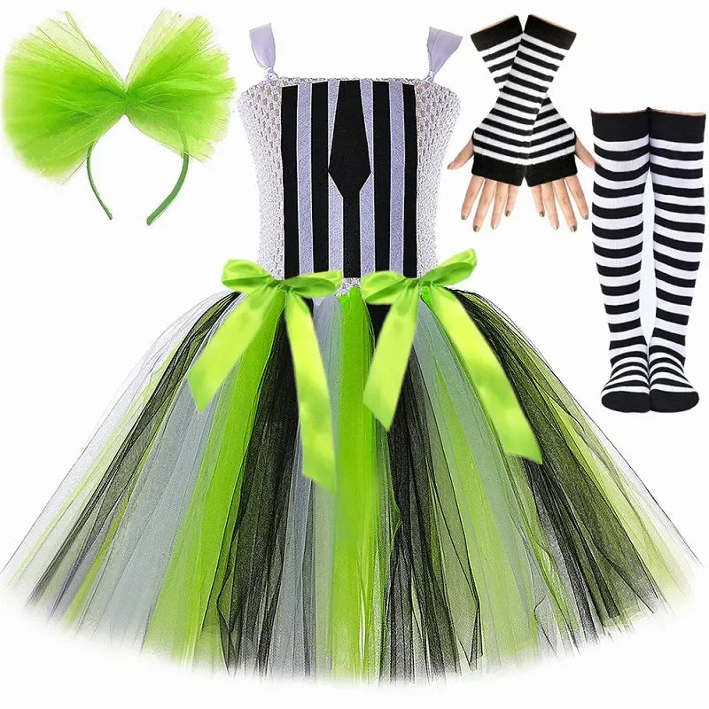 Kids Beetle Juice Costume Girls Black White Striped Tulle Tutu Dress Girls Halloween Carnival Party Princess Dress Up Clothes