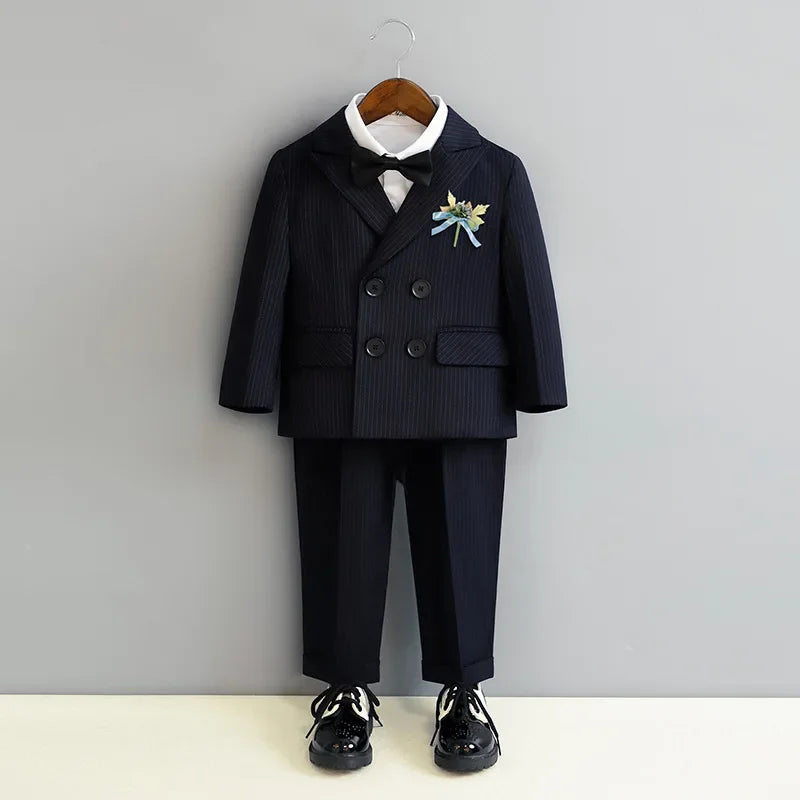 Kids Ceremony Attire blue Fashion Stripe Piano Performance Tuxedo Boys Wedding Suit Formal Children School Uniform Blazer Set