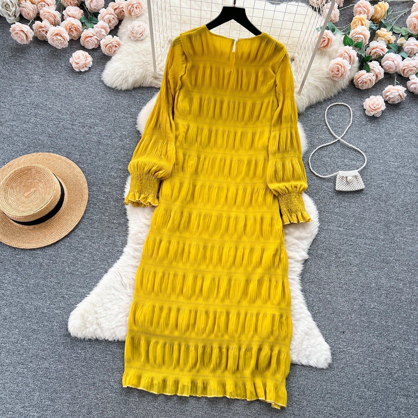 Autumn Vintage Women Draped Loose Midi Dress Elegant Round Collar Puff Long Sleeve Robe Casual Yellow/Burgundy/Green Vestido New