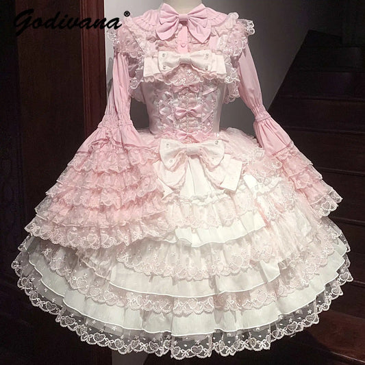 Original Design Lolita Jsk Suspender Dress Sweet Girl Women's Long Sleeve Inner Shirt Cute Princess Sling Cake Dress with Cape