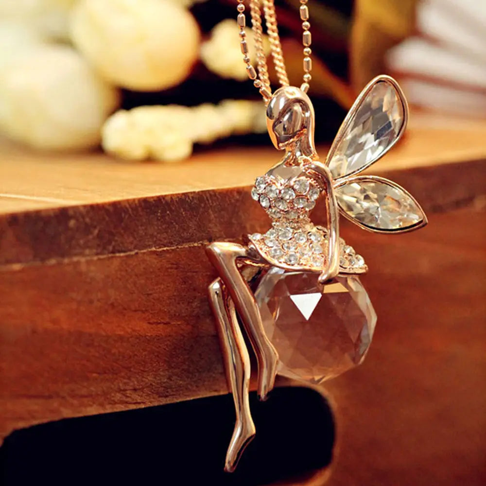 Elegant Charm Crystal Angel Wing Pendant Necklace Vintage Sweater Long Chain Butterfly Fairy Dangle Necklace Jewelry for Women